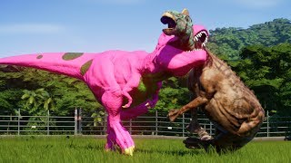 BARNEY T-REX vs ALL HERBIVORES DINOSAURS - Jurassic World Evolution