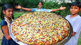 DOMINOS VEG PIZZA | Homemade Giant Pizza Recipe | Cheese Burst Pizza | Village Fun Cooking