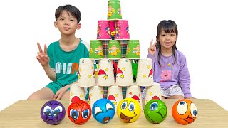 Emoji Face Balls & Stacking Cups Challenge | Fun Indoor Game for Kids with Xavi & Anna 🏀 screenshot 4