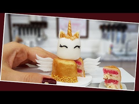 Mini gold UNICORN-Angel cake/ real mini cake / Jenny's mini cooking /  食べれるミニチュア