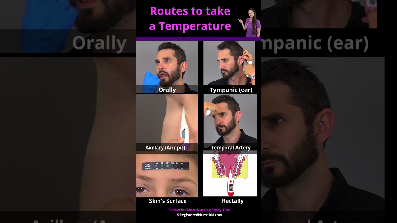 Nursing Temperature Routes (axillary, oral, rectal, tympanic, skin, temporal artery) #shorts