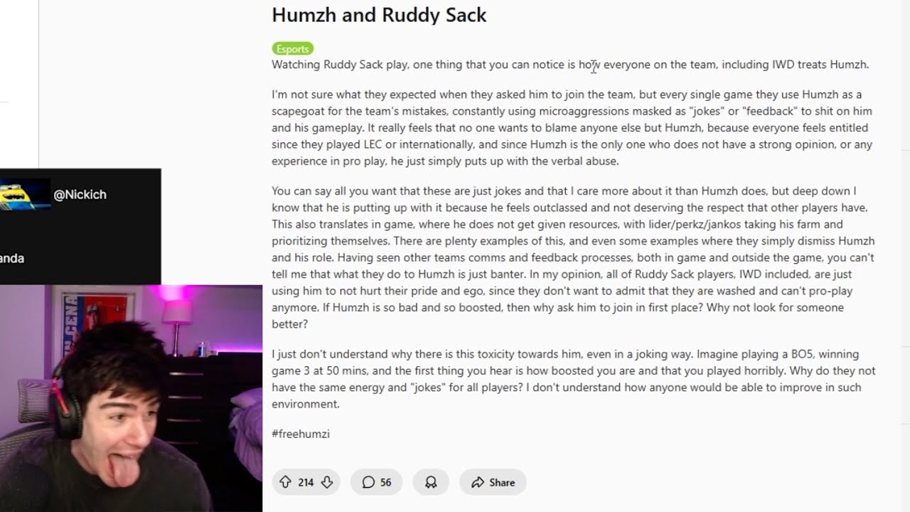 Nickich reacts to the anti Humzh bullying thread on Reddit (ft. Sanchovies)
