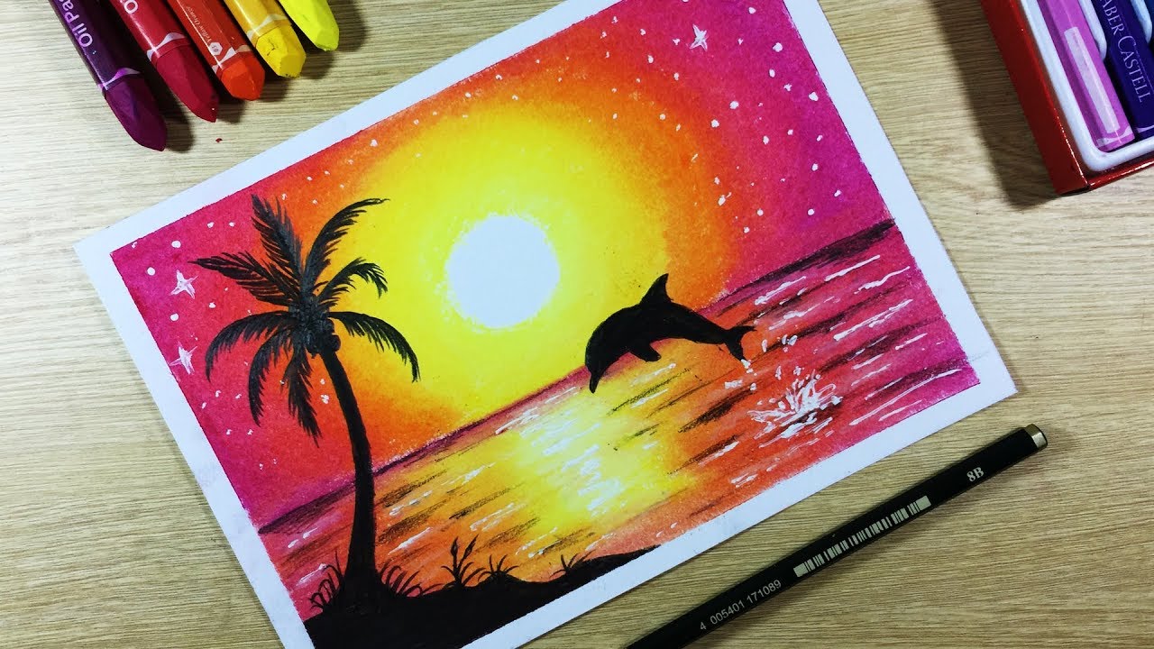 Landscape Sunset Oil Pastel Drawing | art-kk.com