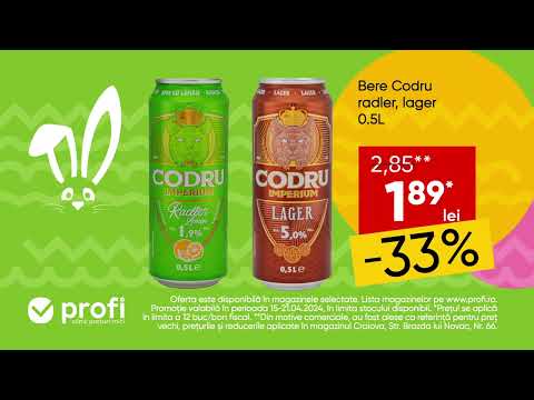 Intampina Pastele la Profi! Acum ai Bere Codru radler sau lager 0.5L la un pret special.