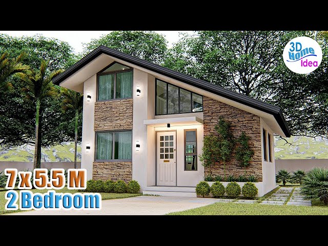 SMALL HOUSE DESIGN WITH LOFT | 7 X 5.5 Meters 2 Bedroom Pinoy House class=