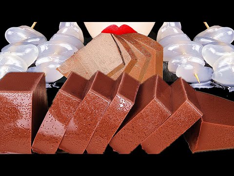 ASMR EATING Milk Chocolate JELLY MOUSSE CAKE, EDIBLE PEBBLES EATING SOUNDS 초코묵 초코푸딩 먹방 BIRD GLASS