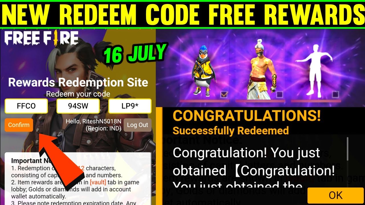 FREE FIRE NEW REDEEM CODE 16 JULY