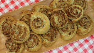 Puff Pastry & Sausage Pinwheels ~ Superbowl Appetizer Recipe ~ Noreen's Kitchen