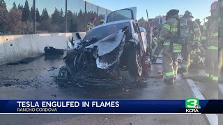 Tesla catches fire on Highway 50 near Rancho Cordova