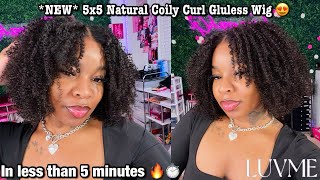 NEW 16 Inch 5x5 HD NATURAL COILY CURLY GLUELESS  CLOSURE WIG INSTALL *VERY EASY * Ft. LUVME HAIR