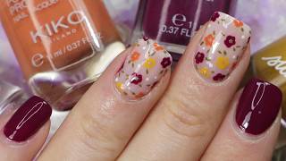 Cute Floral Nails | Burgundy, Yellow and Orange Autumn Flowers Nail Art | Easy Nail Idea