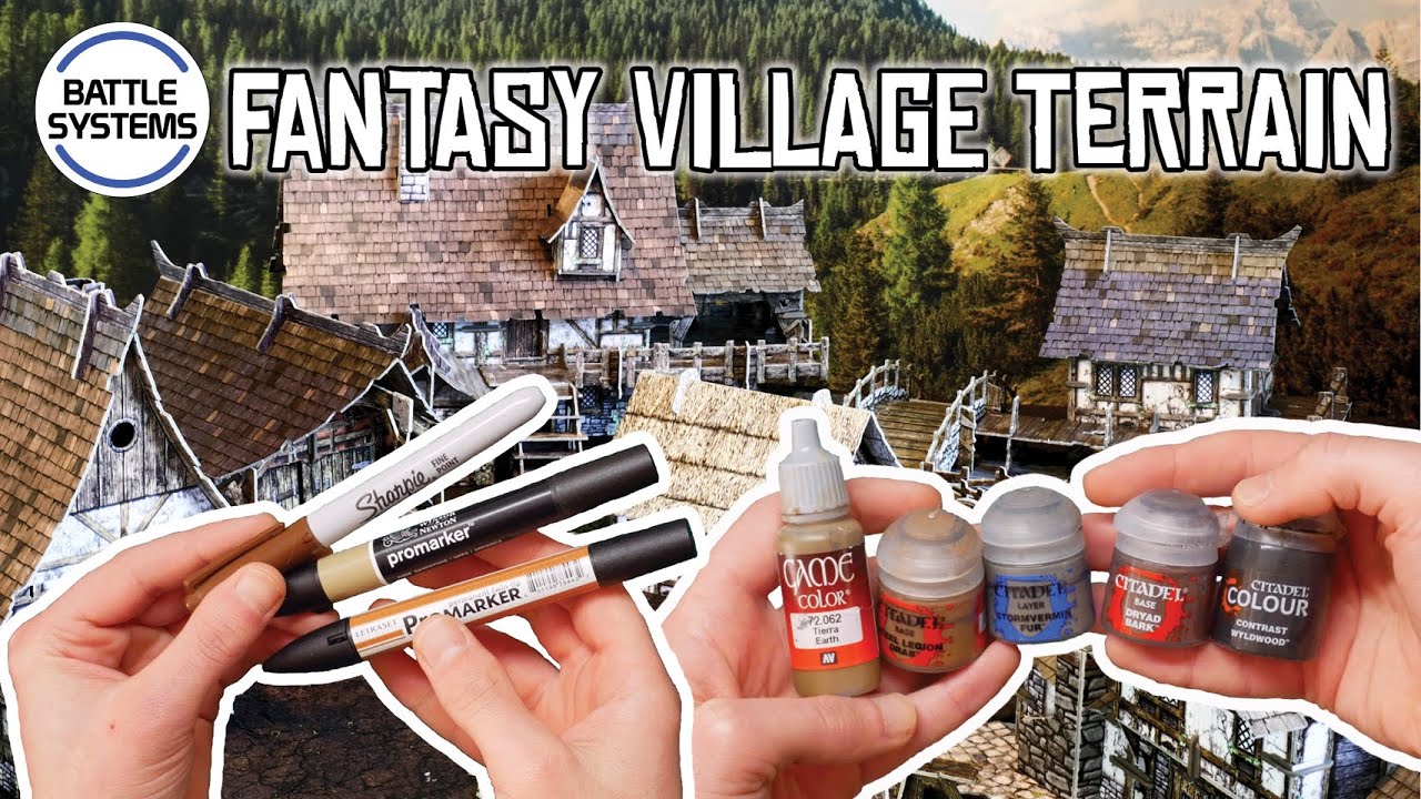 Battle Systems Fantasy Village Terrain build guide 14: How to colour the edges - paint & pen methods