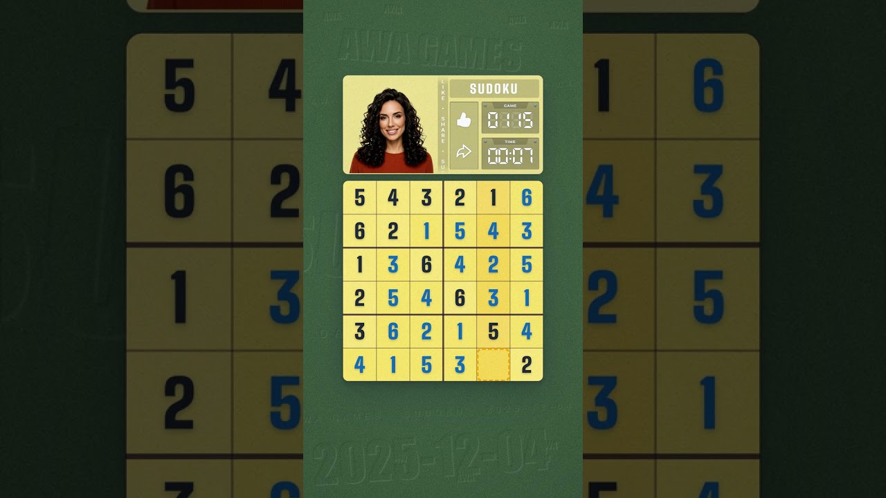 LinkedIn Mini Sudoku #115 solved board for December 4, 2025, 6x6 grid