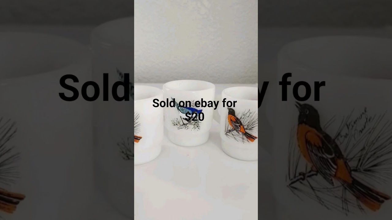 3 Vintage FIRE KING white milk glass MUG cup Cardinal Blue Jay Oriole Birds