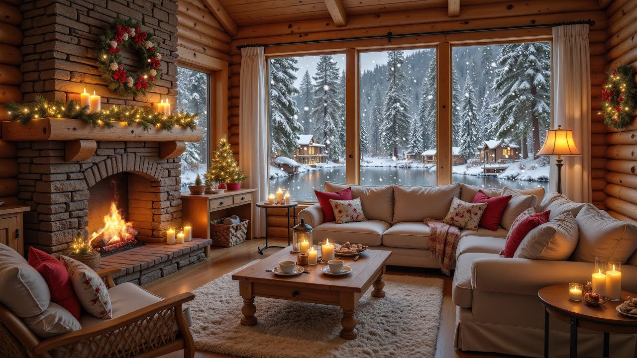 Cozy Winter Lakeside Cabin ️⛄ Soft Piano, Falling Snow & Warm Fireplace ...