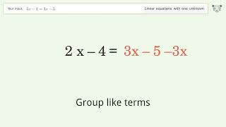 Linear equation with one unknown: Solve 5x-4=3x-5 step-by-step solution