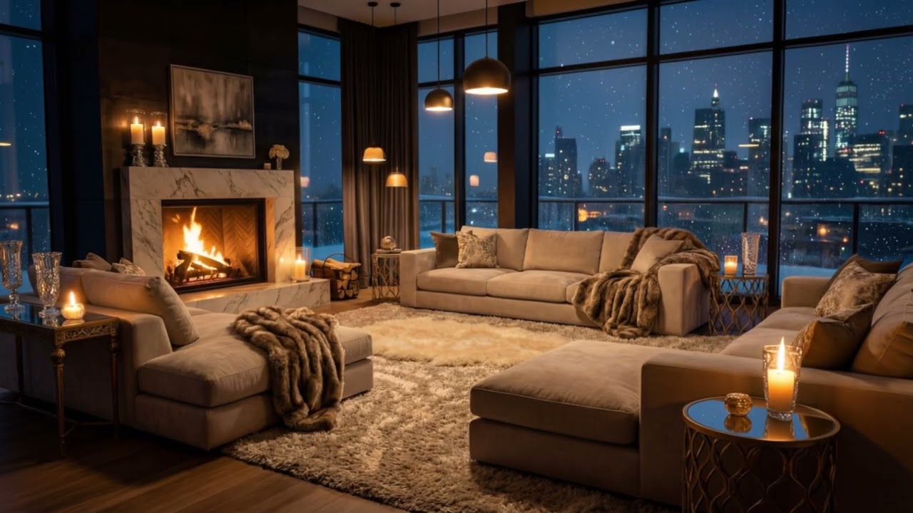 Cozy Fireplace & Soft Piano Ambience in Luxury Apartment Lounge | 4 hours | Velvet Owl