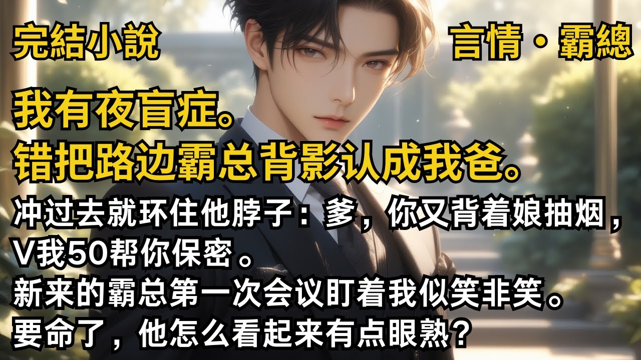 【完結小說】我有夜盲症。錯把路邊霸總背影認成我爸。沖過去就環住他脖子：爹，你又背著娘抽煙，V我50幫你保密。新來的霸總第一次會議盯著我似笑非笑。#一口氣看完 #小說 #故事 #完結 #甜文  #霸總