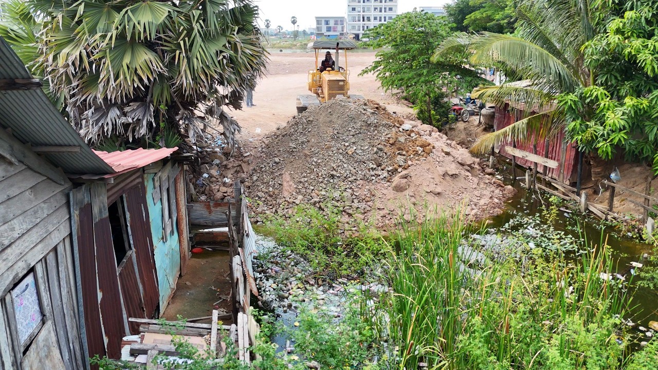 100% Land Filling Project Begins Skilled Bulldozer and Dump Truck Working Smoothly with Stone & Soil