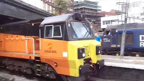 The Class 70 ‘GE PowerHaul’ Colas Rail Freight No.70814 with Loggings passed through at Carlisle.