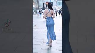 Girl in Blue Dress One Piece Walking Beautifully  #shorts