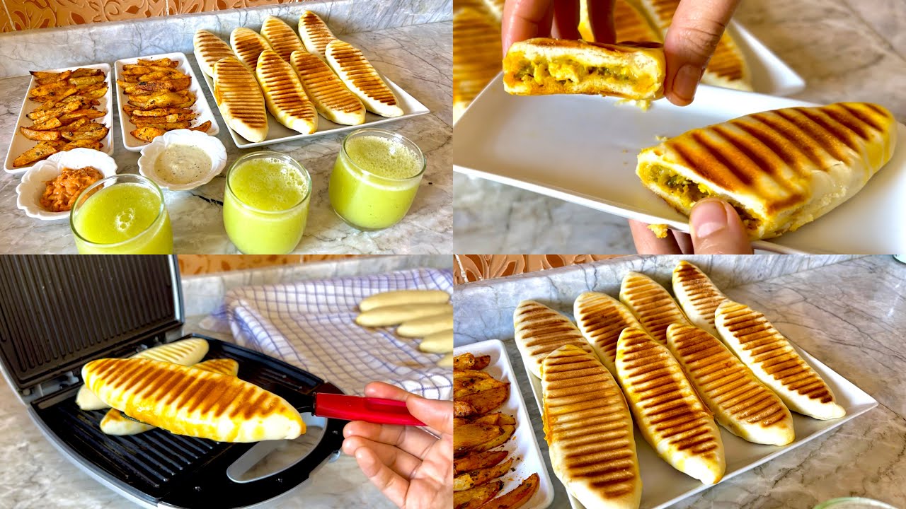 سندويش بانيني😍بعجين بدون دلك أو اختمار ولافرن طيبيه مباشرةوبحشوة متشبعوش منها😋مع عصير منعش وفريت