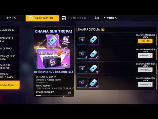 COMO CHAMAR AMIGOS DE VOLTA NO FREE FIRE  COMPLETAR O NOVO EVENTO CHAMA  SUA TROPA GANHE 99 TICKETS 