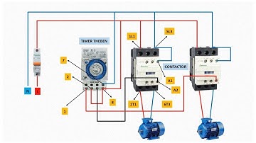 Runs two single-phase motors with two contactors and one timer/ 2 motor control with timer