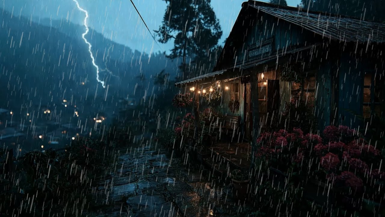 Heavy Rain in Frozen Fog Countryside Night, Gentle Thunder Calm | Rain Sounds Reduce Stress 🌩️