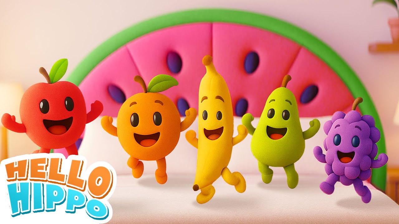 Five Cute Fruits Jumping on the Bed | Nursery Rhymes | Hello Hippo
