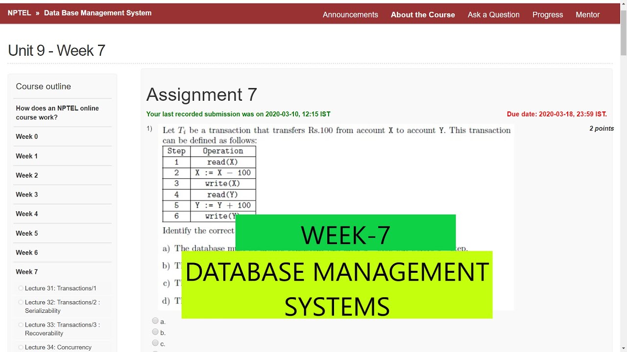 database management system nptel week 7 assignment answers