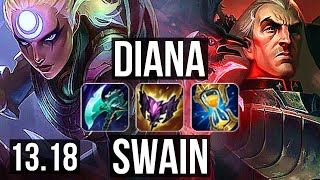 DIANA vs SWAIN (MID) | 3.8M mastery, 1200+ games, Legendary, 13/2/3 | NA Master | 13.18