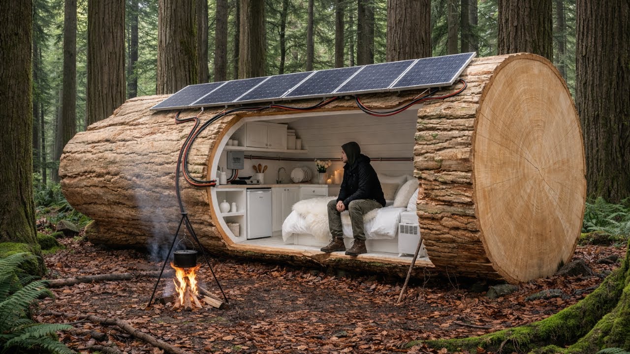 He Built a Secret House Inside a Giant Tree Trunk – Alone in the Deep Forest (ASMR)