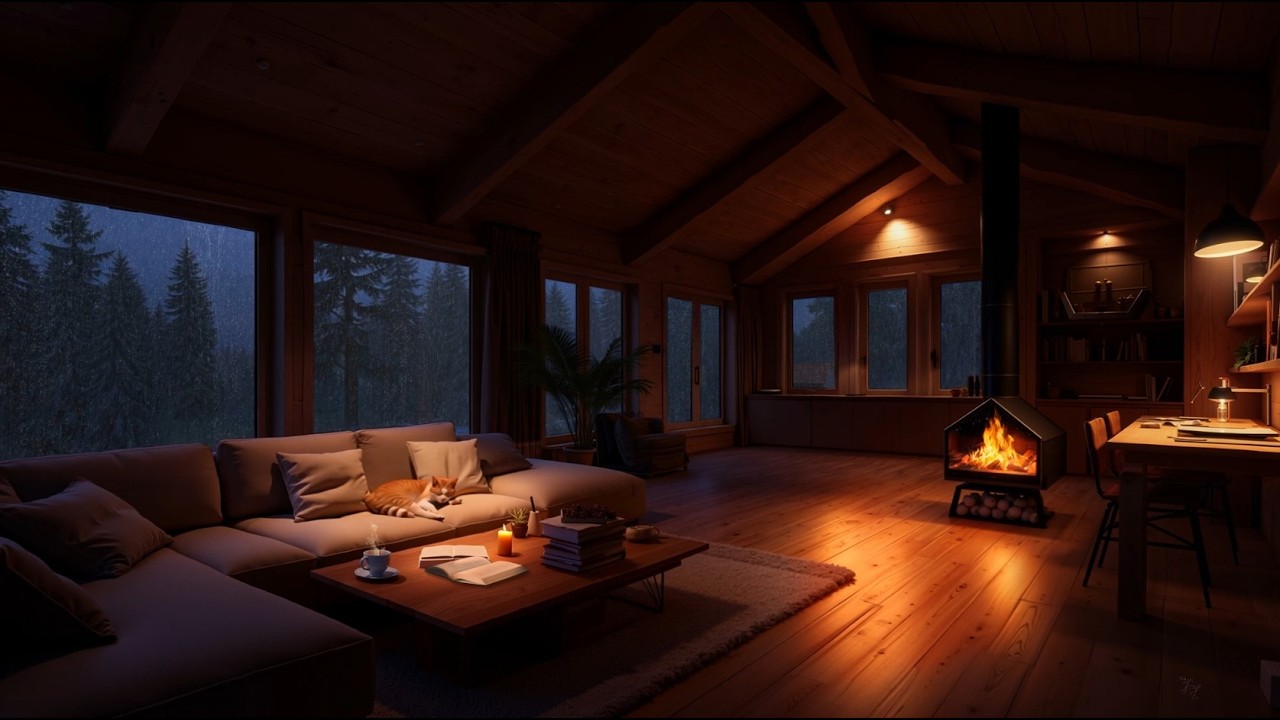 No Ads Goodbye Insomnia with Heavy Rain - Soft Rain & Fireplace On Forest Cabin For Sleeping ASMR