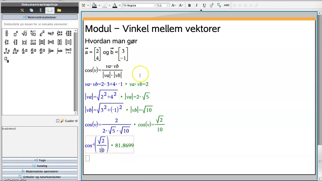 Modul "Vinkler vektorer" - Udregning i Nspire - YouTube