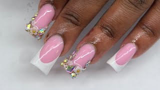 💖How To Do Duck Nail Full Set Pink French Acrylic Nails with Rhinestones  | Acrylic Nails Tutorial