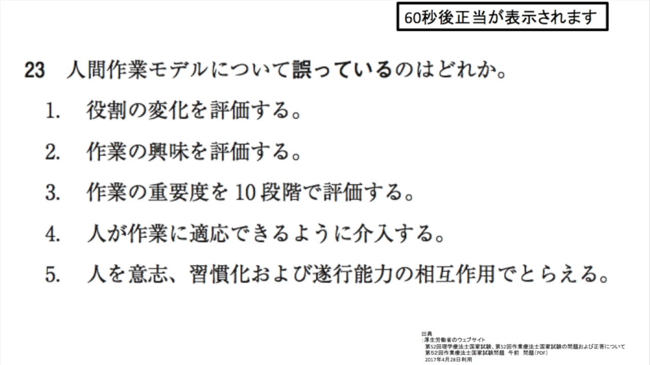 第52回ot国試午前 No 23 人間作業モデル Moho 動画で学ぶ作業療法士国家試験の過去問 17年 平成29年版 Youtube