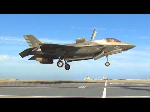F-35B Fighter Jet Take Off and Land Onboard HMS Queen Elizabeth Aircraft Carrier
