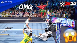 WWE 2K23  Cristiano, Messi & Neymar vs Haaland, Mbappe & Vinicius  Elimination Tag Team Match | 4K