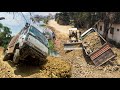 Wonderful action incredible dump truck  overturned because landslide unloading back to pour stone