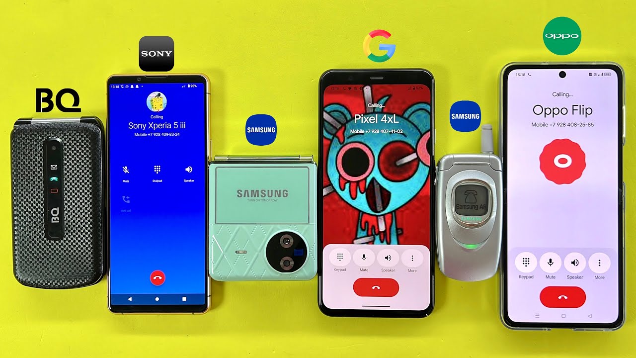 OPPO Find N2 calling Samsung A800, Google Pixel 4XL calling Samsung Flip7, Sony Xperia 5 calling BQ 