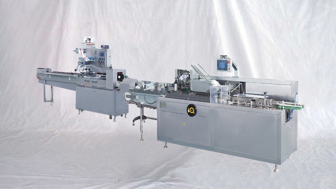 Integrated boxing packaging line bags flow wrapper cartoner for Egyptian customer 出口埃及枕包機連線裝盒設備