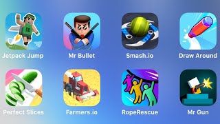 Jetpack Jump, Mr Bullet, Smash.io, Draw Around, Perfect Slices, Farmers.io, Rope Rescue, Mr Gun screenshot 4