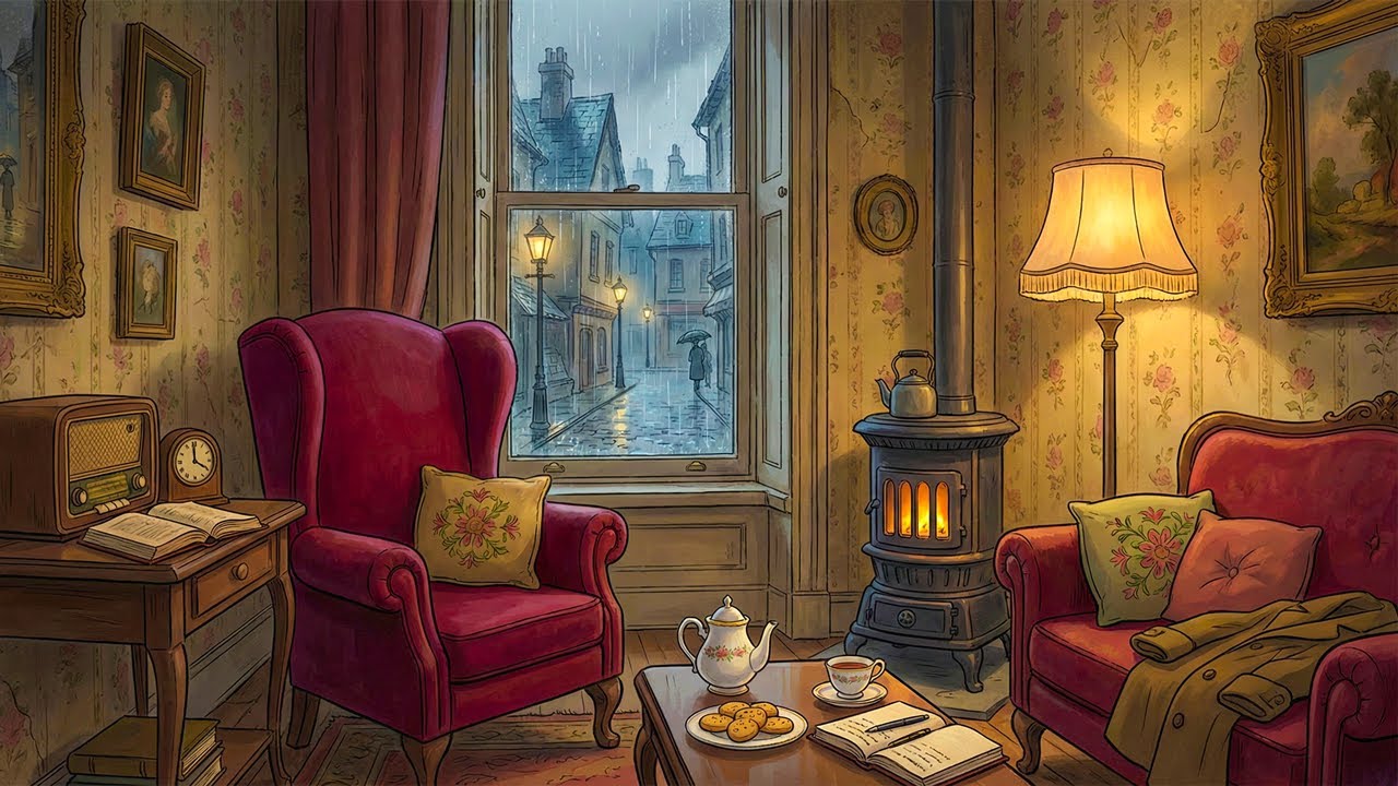 it's rainy cozy night in 1950s with vintage oldies playing in another room (fireplace & rain sounds)