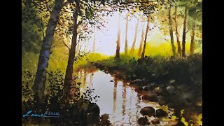 How to paint Fall Forest Sunset in Watercolor