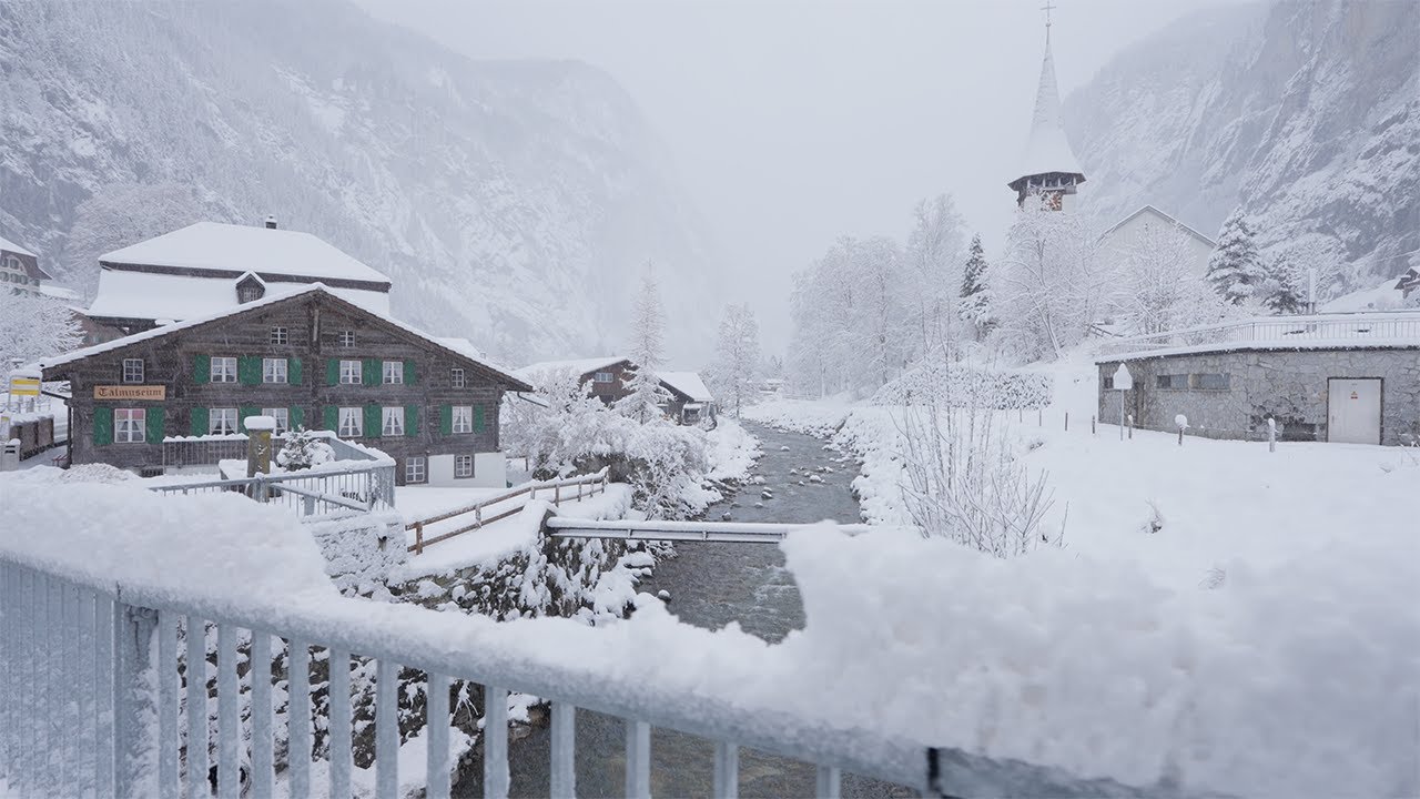 Lauterbrunnen Switzerland 4K, Walking in Heavy Snowfall, Deep Snowy Winter View