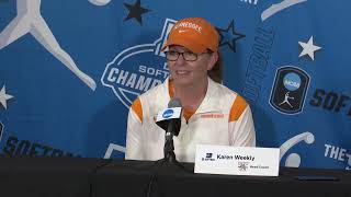 Lady Vols Softball Coach Karen Weekly, Karlyn Pickens, Laura Mealer post-game vs. Dayton