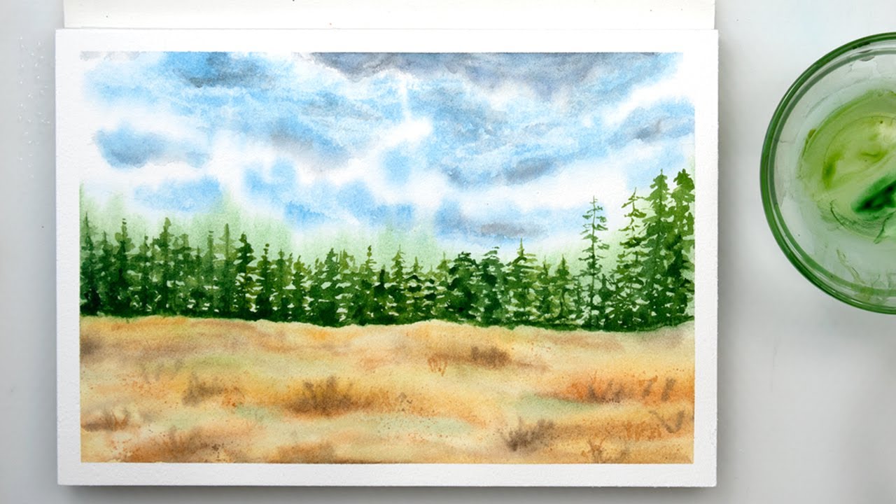 How to paint watercolor LANDSCAPE - field and pine trees painting - YouTube