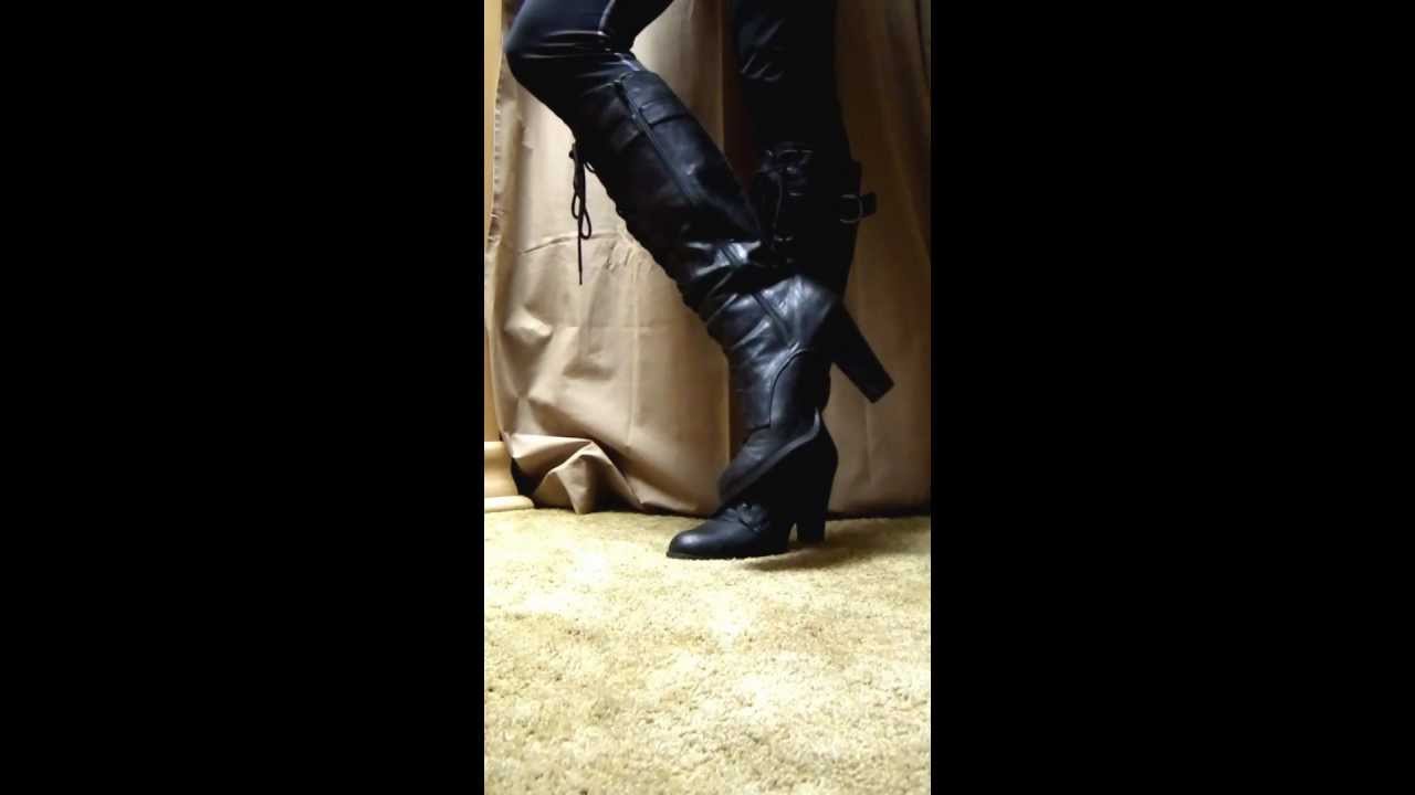 Diba black leather knee high heel boots showing off #5 - YouTube