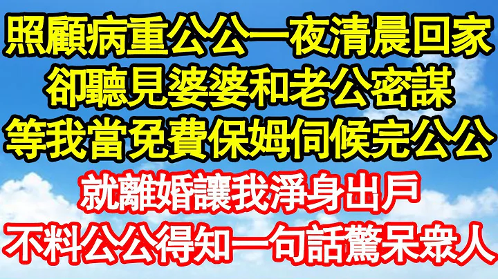 照顾病重公公一夜清晨回家，却听见婆婆和老公密谋，等我当免费保姆伺候完公公，就离婚让我净身出户，不料公公得知一句话惊呆众人 真情故事会||老年故事||情感需求||爱情||家庭 - 天天要闻